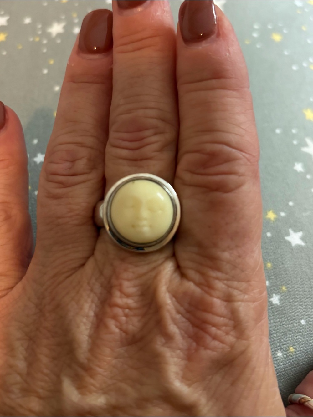 Celestial Moon Goddess Sterling Silver Cream Face Cameo Ring - Women's Jewelry
